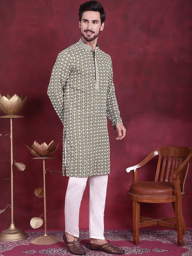 Men's Sequins Embroidered Kurta with Pyjama ( JOKP 5023 Mehndi )