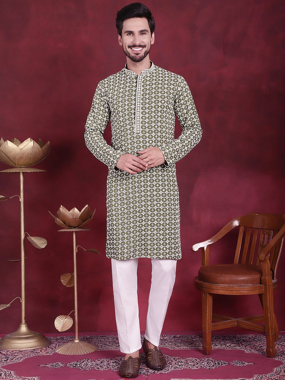 Men's Sequins Embroidered Kurta with Pyjama ( JOKP 5023 Mehndi )
