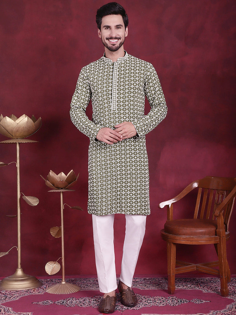 Men's Sequins Embroidered Kurta with Pyjama ( JOKP 5023 Mehndi )