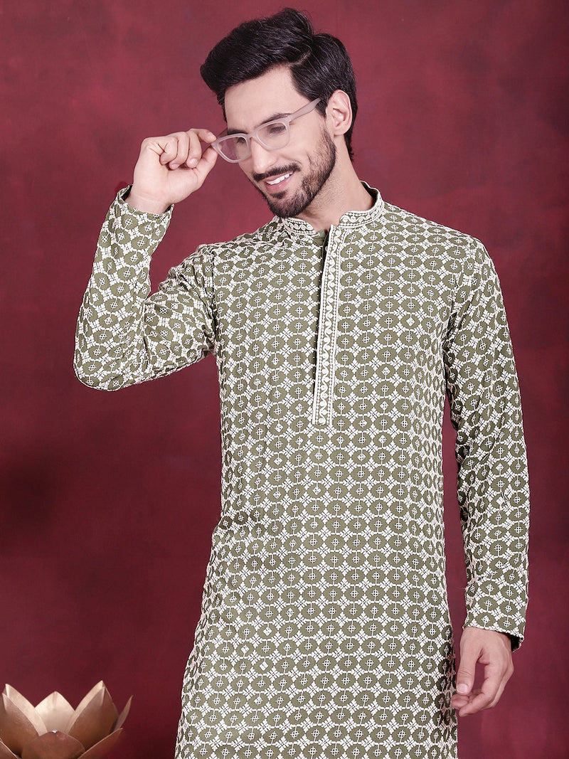 Men's Sequins Embroidered Kurta with Pyjama ( JOKP 5023 Mehndi )