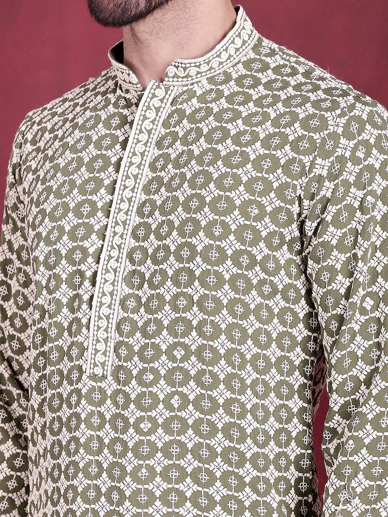 Men's Sequins Embroidered Kurta with Pyjama ( JOKP 5023 Mehndi )