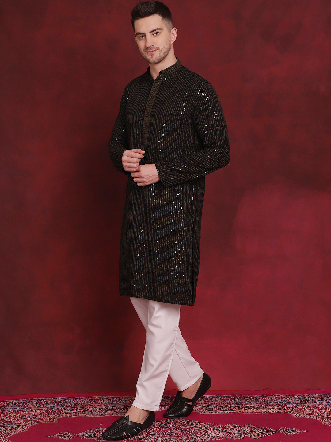 Men's Sequins Chikankari Embroidered Kurta with Pyjama ( JOKP P 5024Olive )