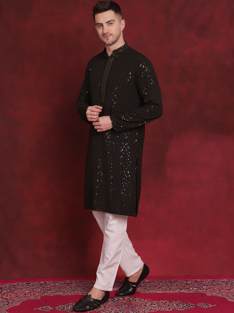 Men's Sequins Chikankari Embroidered Kurta with Pyjama ( JOKP P 5024Olive )