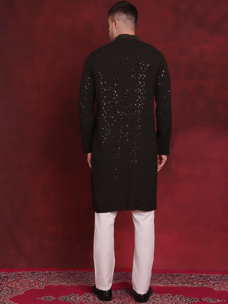 Men's Sequins Chikankari Embroidered Kurta with Pyjama ( JOKP P 5024Olive )