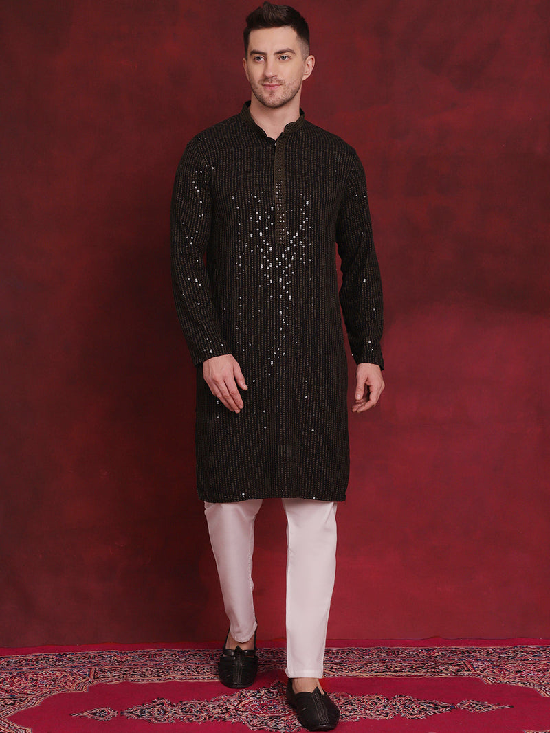 Men's Sequins Chikankari Embroidered Kurta with Pyjama ( JOKP P 5024Olive )