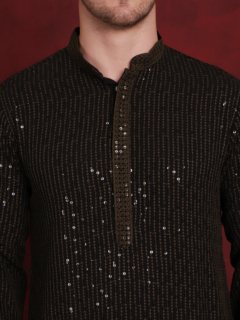 Men's Sequins Chikankari Embroidered Kurta with Pyjama ( JOKP P 5024Olive )