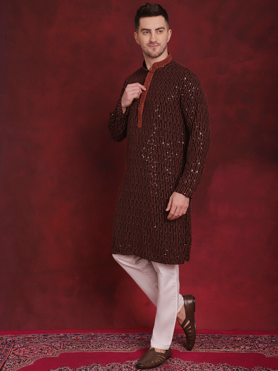 Men's Sequins Chikankari Embroidered Kurta with Pyjama ( JOKP P 5024Orange )