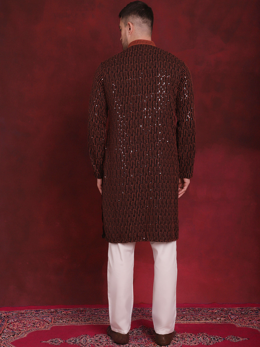 Men's Sequins Chikankari Embroidered Kurta with Pyjama ( JOKP P 5024Orange )