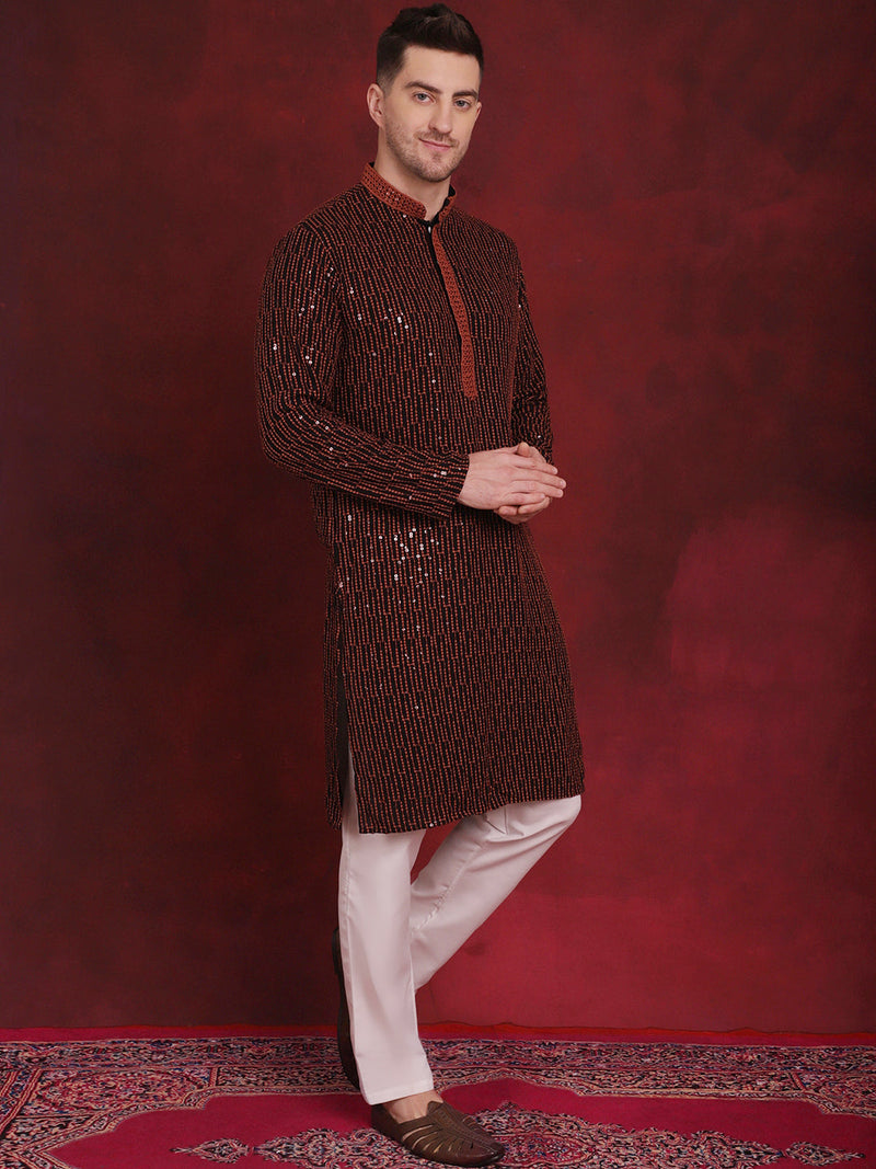 Men's Sequins Chikankari Embroidered Kurta with Pyjama ( JOKP P 5024Orange )