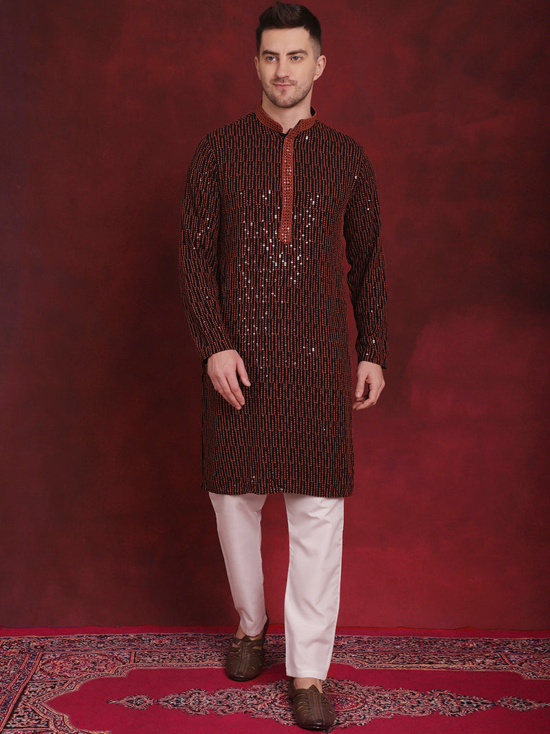 Men's Sequins Chikankari Embroidered Kurta with Pyjama ( JOKP P 5024Orange )