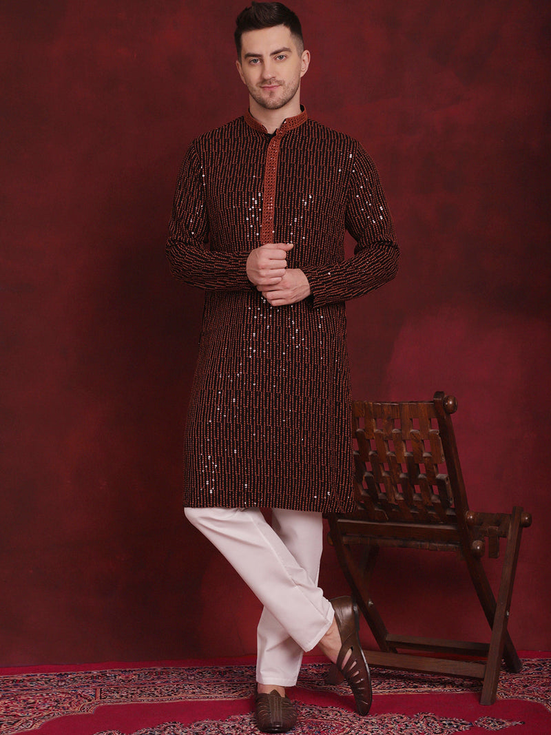 Men's Sequins Chikankari Embroidered Kurta with Pyjama ( JOKP P 5024Orange )