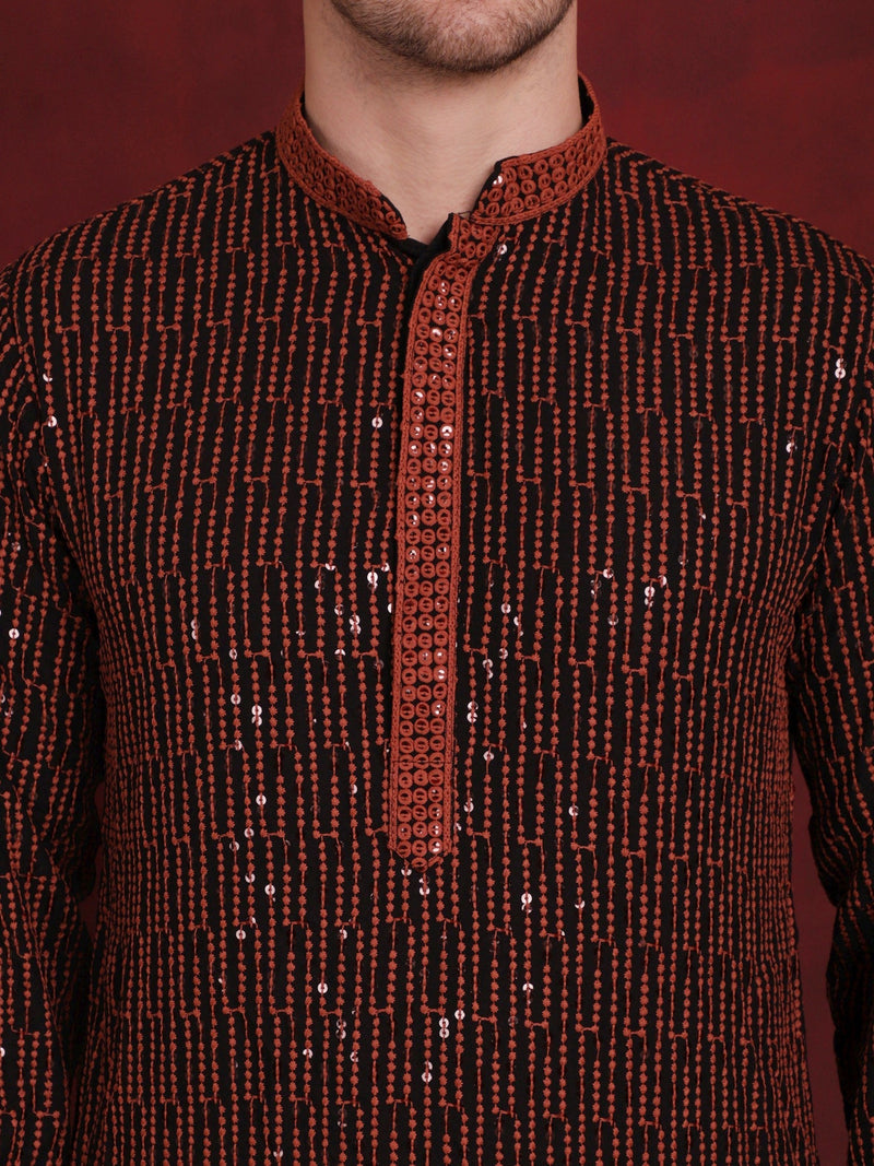 Men's Sequins Chikankari Embroidered Kurta with Pyjama ( JOKP P 5024Orange )