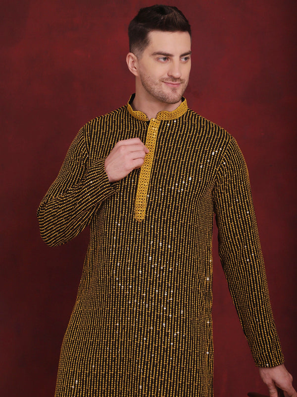 Men's Sequins Chikankari Embroidered Kurta with Pyjama ( JOKP P 5024Yellow )