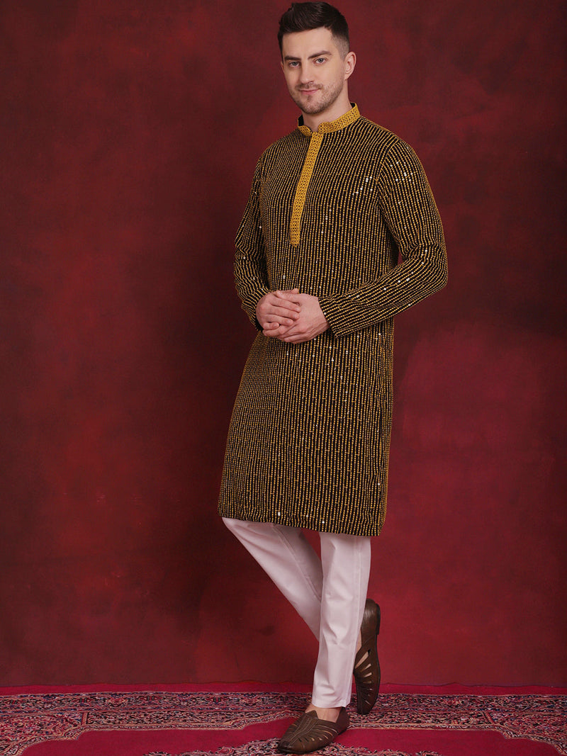 Men's Sequins Chikankari Embroidered Kurta with Pyjama ( JOKP P 5024Yellow )