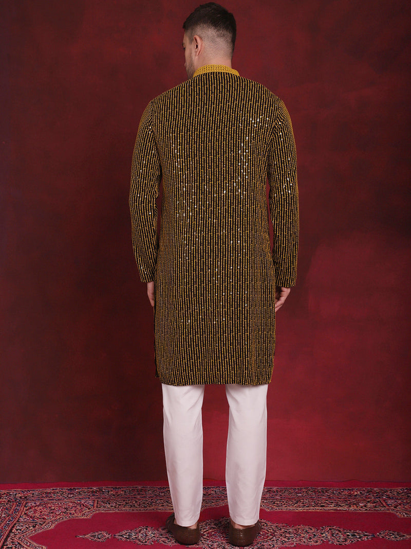 Men's Sequins Chikankari Embroidered Kurta with Pyjama ( JOKP P 5024Yellow )