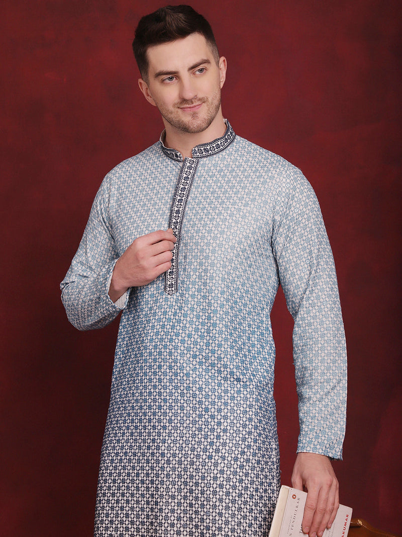 Men's Sequins Embroidered Kurta with Pyjama ( JOKP P 5025Blue )