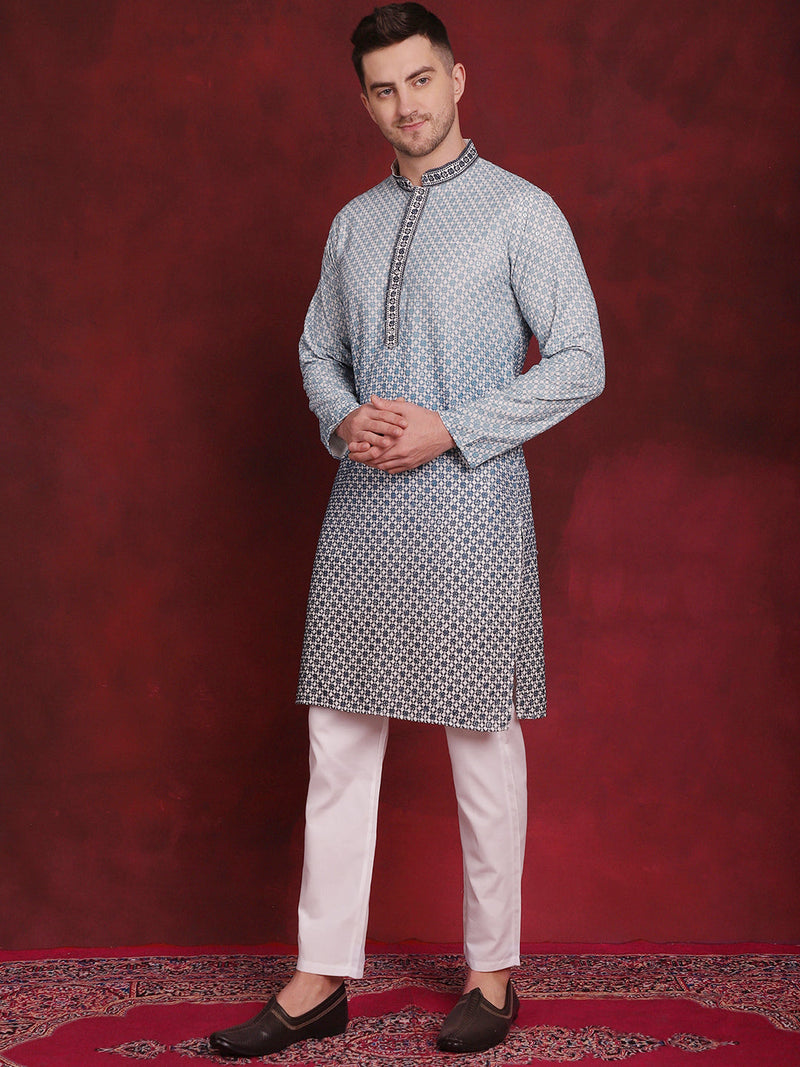 Men's Sequins Embroidered Kurta with Pyjama ( JOKP P 5025Blue )