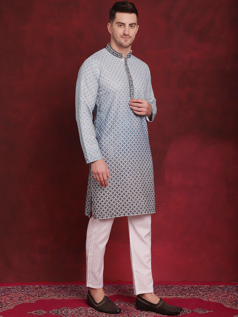 Men's Sequins Embroidered Kurta with Pyjama ( JOKP P 5025Blue )