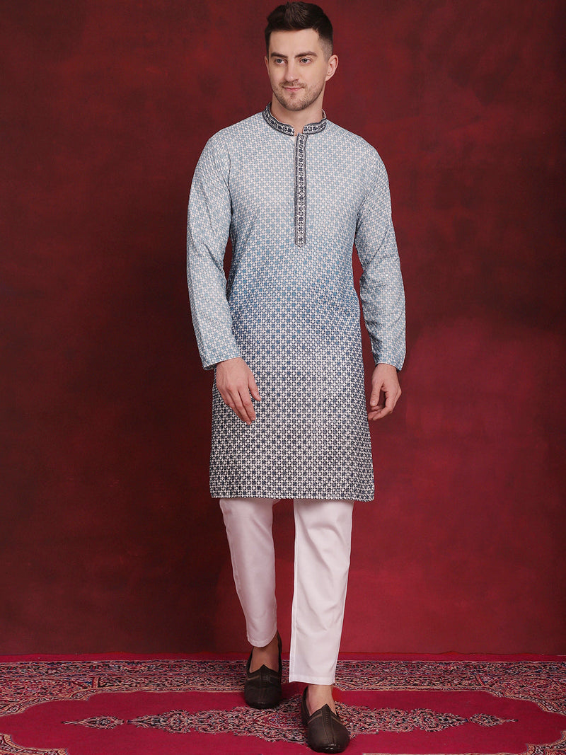 Men's Sequins Embroidered Kurta with Pyjama ( JOKP P 5025Blue )