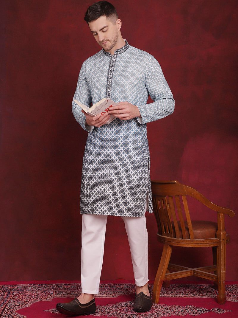 Men's Sequins Embroidered Kurta with Pyjama ( JOKP P 5025Blue )