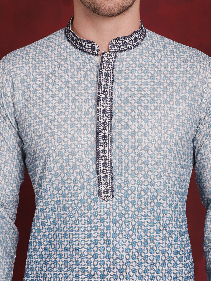 Men's Sequins Embroidered Kurta with Pyjama ( JOKP P 5025Blue )