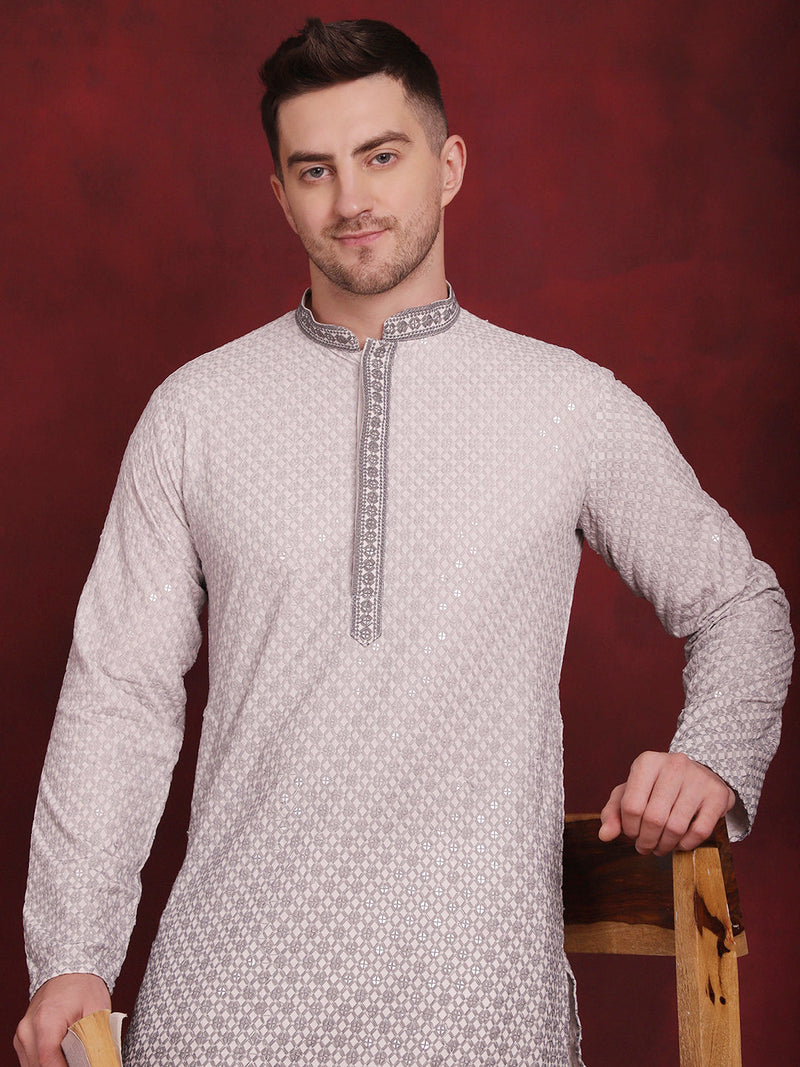 Men's Sequins Embroidered Kurta with Pyjama ( JOKP P 5025Grey )