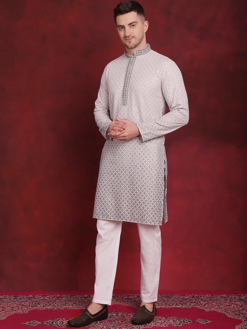 Men's Sequins Embroidered Kurta with Pyjama ( JOKP P 5025Grey )