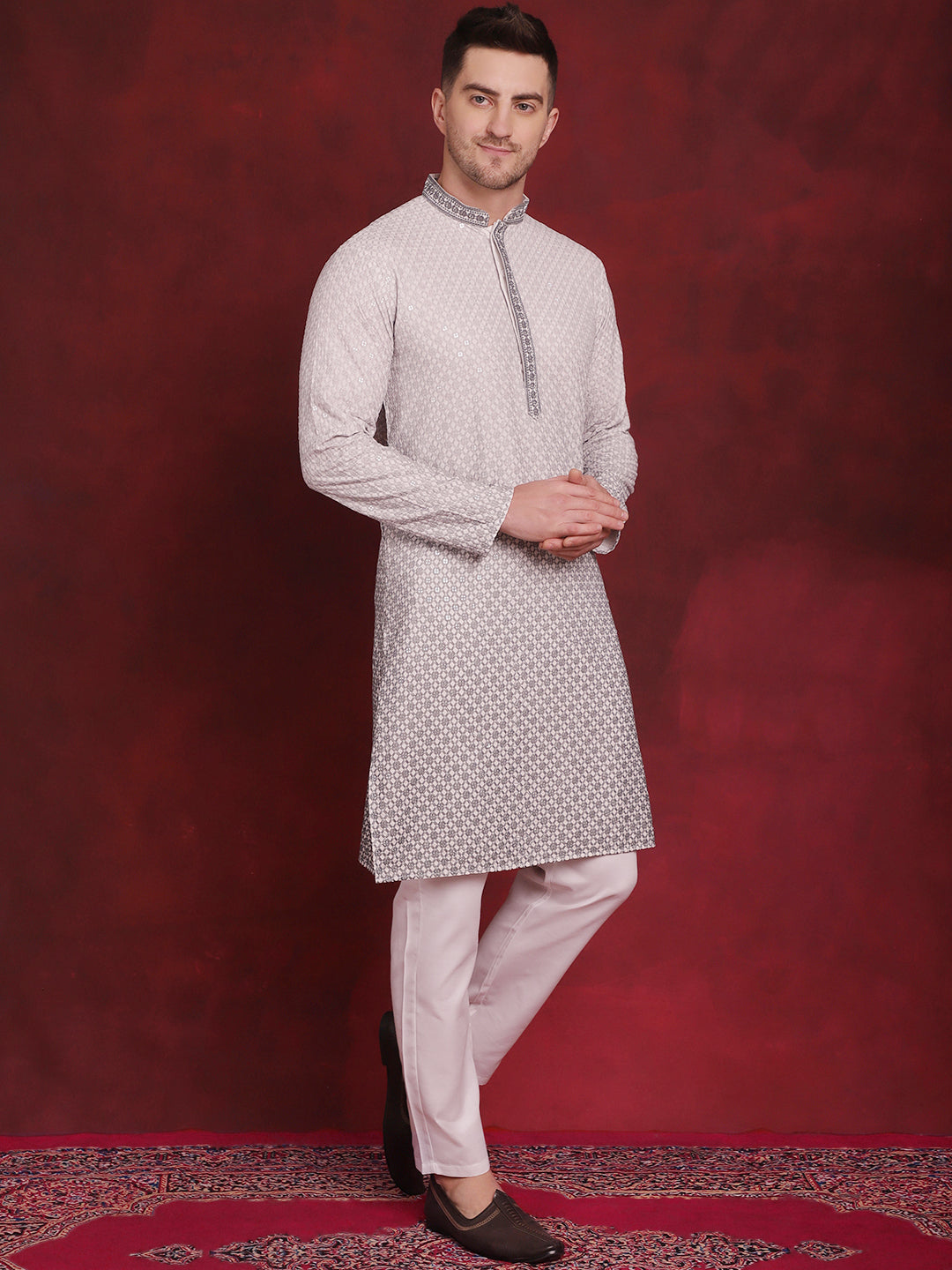 Men's Sequins Embroidered Kurta with Pyjama ( JOKP P 5025Grey )
