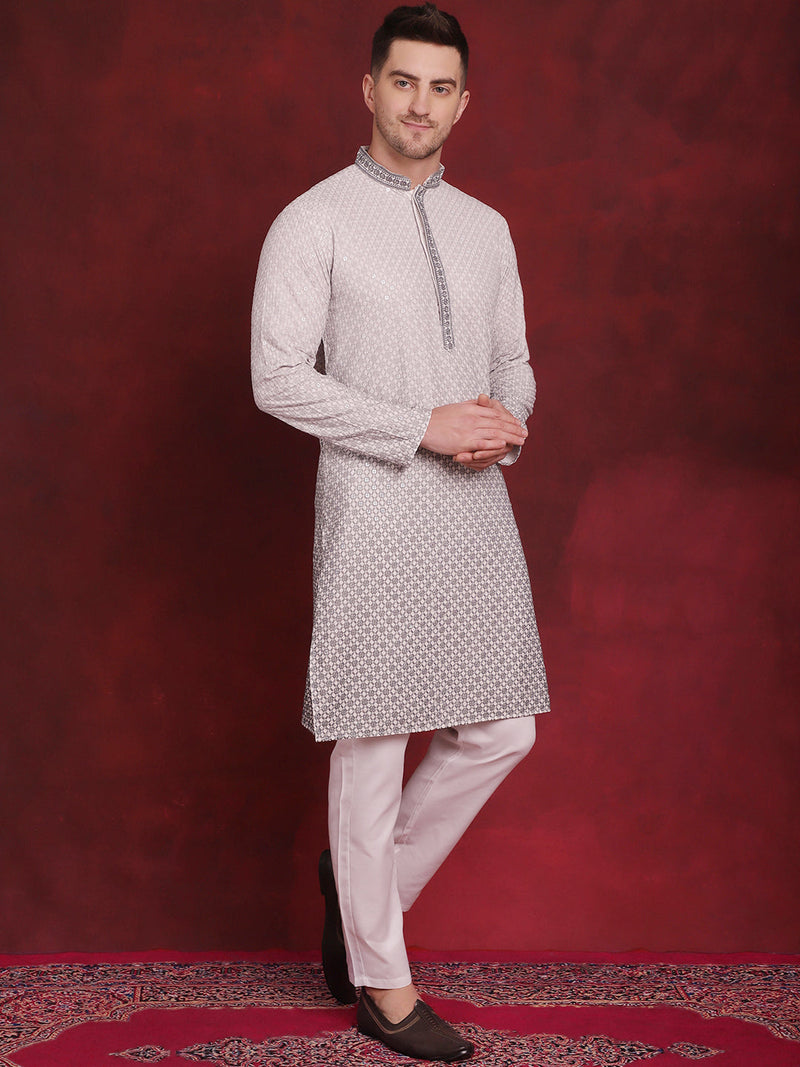 Men's Sequins Embroidered Kurta with Pyjama ( JOKP P 5025Grey )