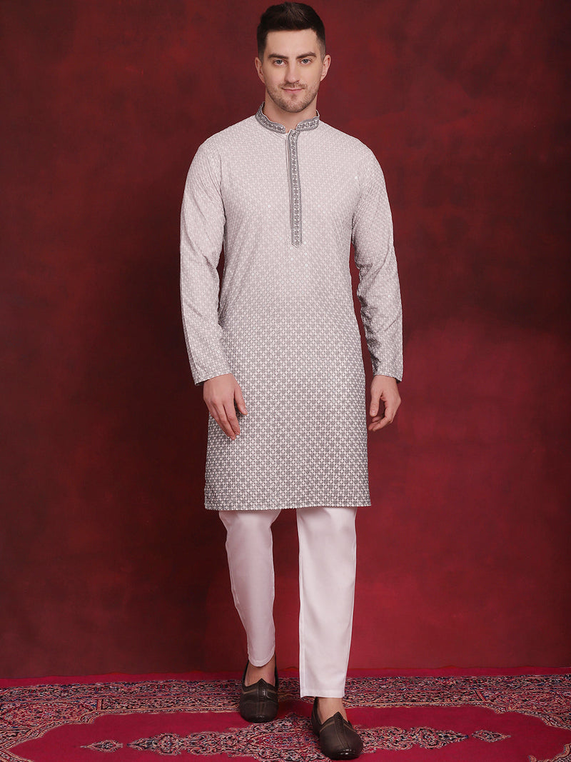 Men's Sequins Embroidered Kurta with Pyjama ( JOKP P 5025Grey )