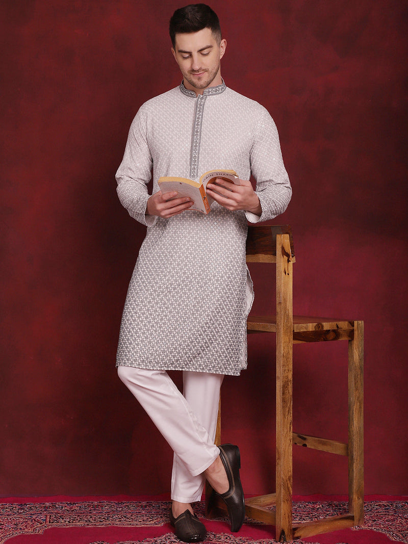 Men's Sequins Embroidered Kurta with Pyjama ( JOKP P 5025Grey )