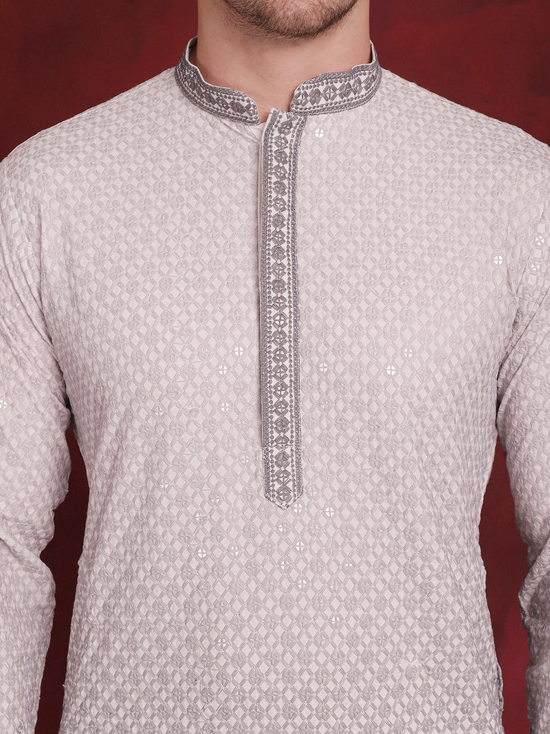 Men's Sequins Embroidered Kurta with Pyjama ( JOKP P 5025Grey )