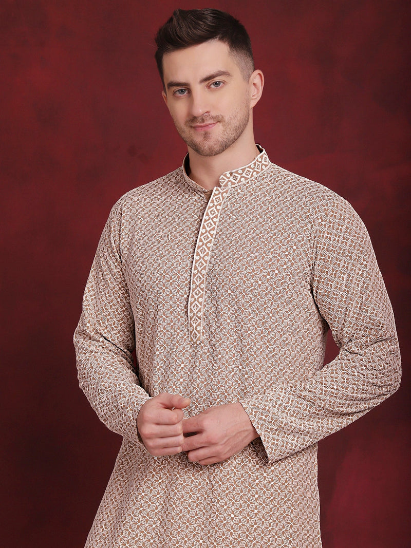 Men's Sequin Embroidered Pure Cotton Kurta with Pyjamas ( JOKP P 5028Beige )