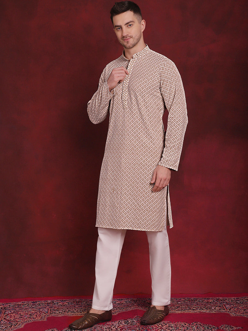 Men's Sequin Embroidered Pure Cotton Kurta with Pyjamas ( JOKP P 5028Beige )