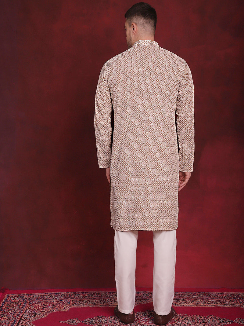 Men's Sequin Embroidered Pure Cotton Kurta with Pyjamas ( JOKP P 5028Beige )