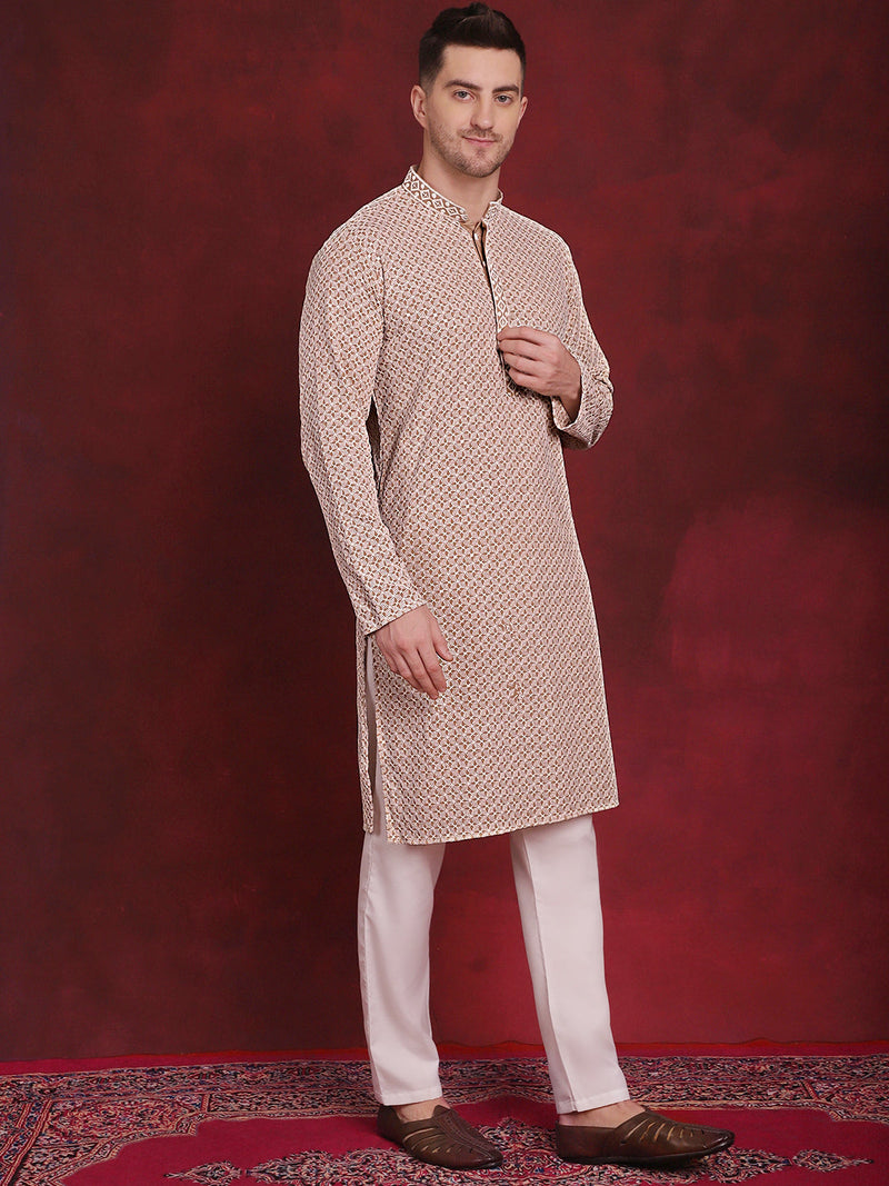 Men's Sequin Embroidered Pure Cotton Kurta with Pyjamas ( JOKP P 5028Beige )