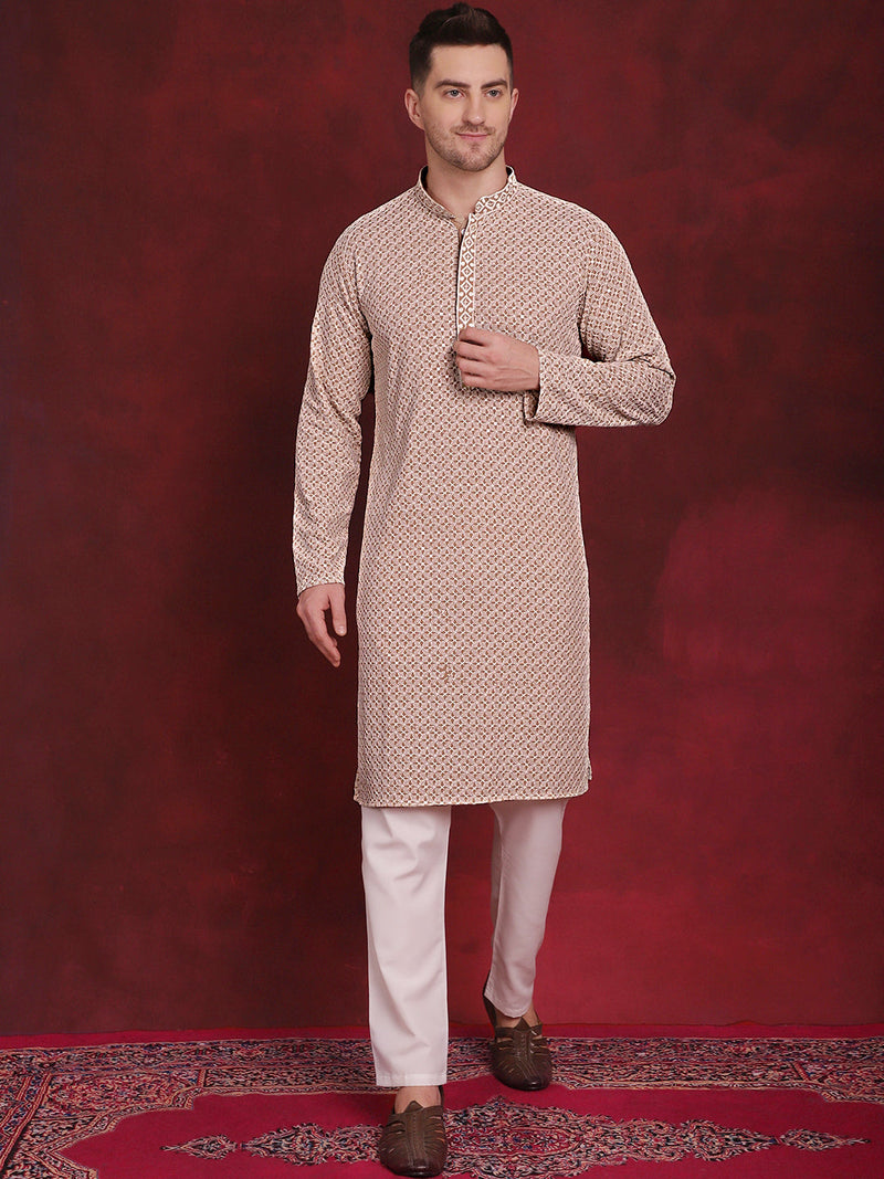 Men's Sequin Embroidered Pure Cotton Kurta with Pyjamas ( JOKP P 5028Beige )