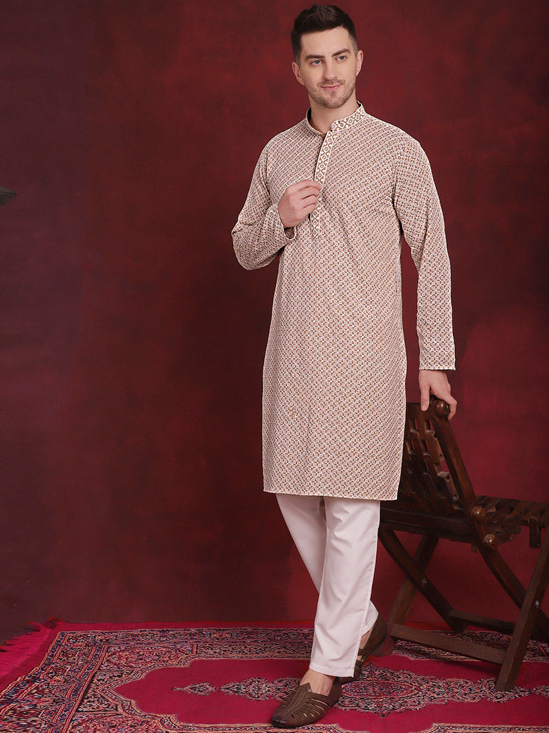 Men's Sequin Embroidered Pure Cotton Kurta with Pyjamas ( JOKP P 5028Beige )