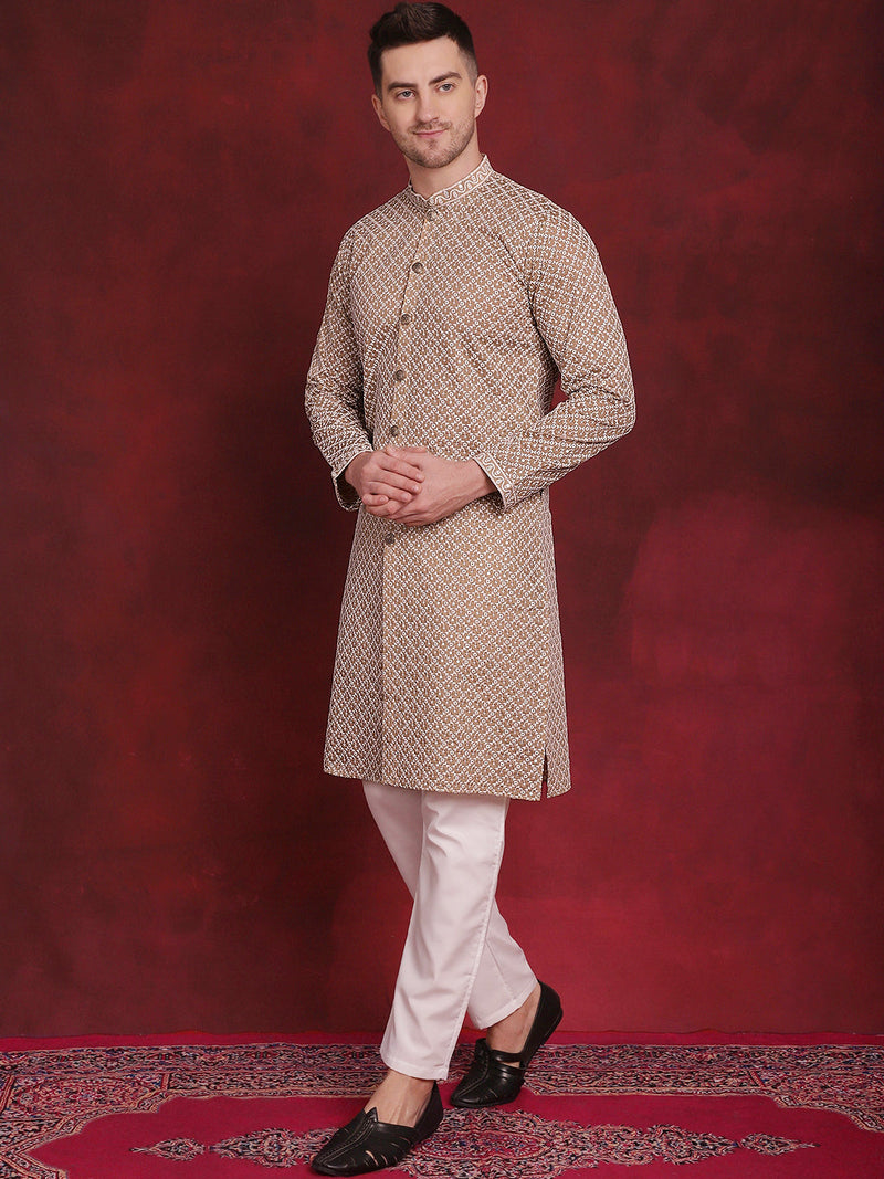 Men's Sequin Chikankari Front Open Kurta With Pyjamas ( JOKP P 5029Beige )