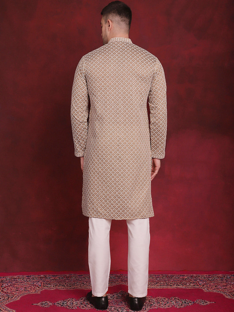 Men's Sequin Chikankari Front Open Kurta With Pyjamas ( JOKP P 5029Beige )