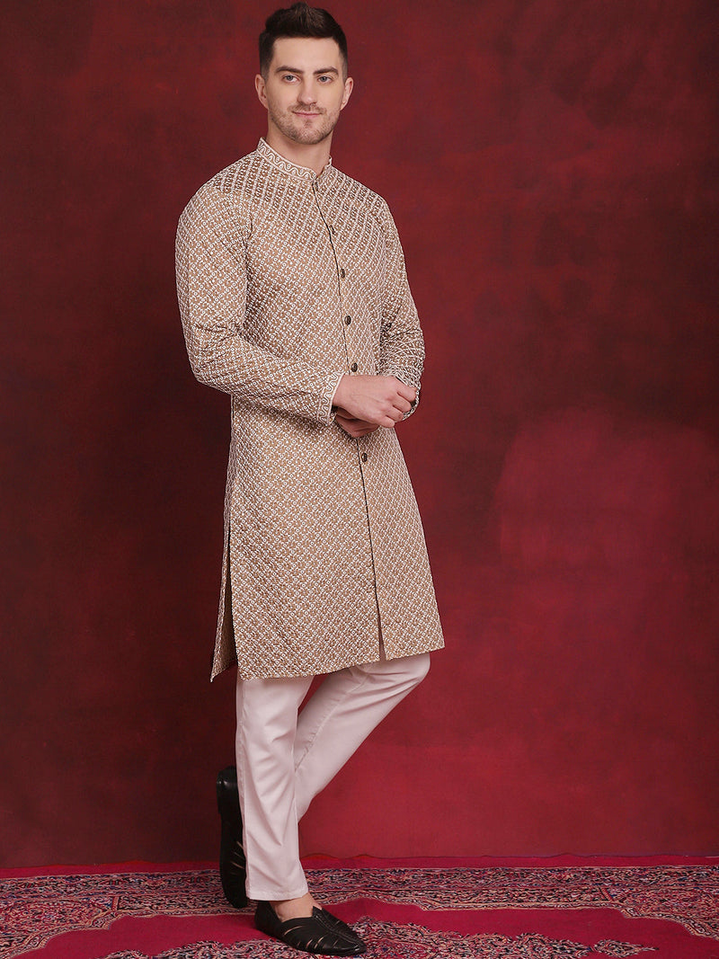 Men's Sequin Chikankari Front Open Kurta With Pyjamas ( JOKP P 5029Beige )