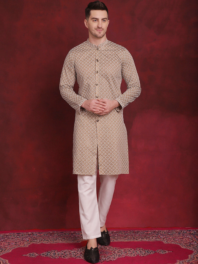 Men's Sequin Chikankari Front Open Kurta With Pyjamas ( JOKP P 5029Beige )