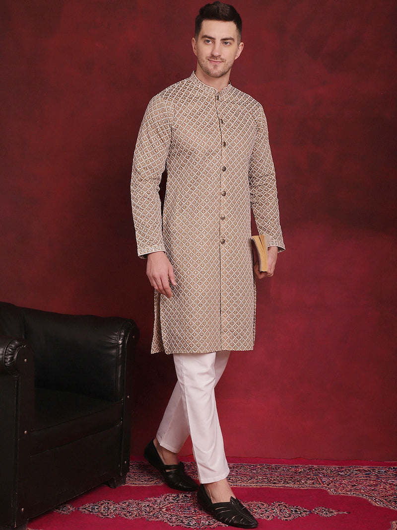 Men's Sequin Chikankari Front Open Kurta With Pyjamas ( JOKP P 5029Beige )