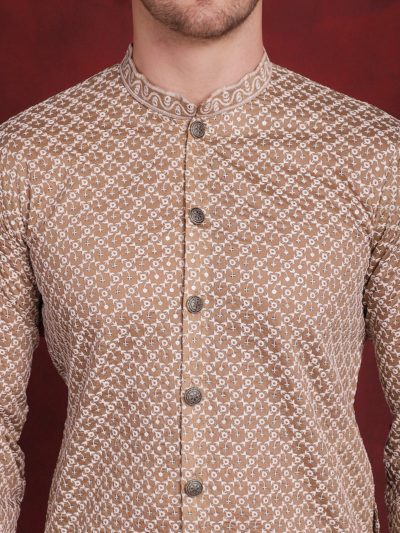 Men's Sequin Chikankari Front Open Kurta With Pyjamas ( JOKP P 5029Beige )