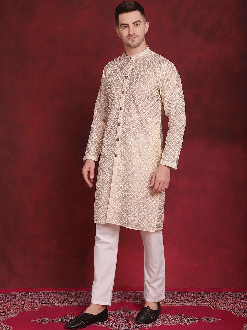 Men's Sequin Chikankari Front Open Kurta With Pyjamas ( JOKP P 5029Golden )