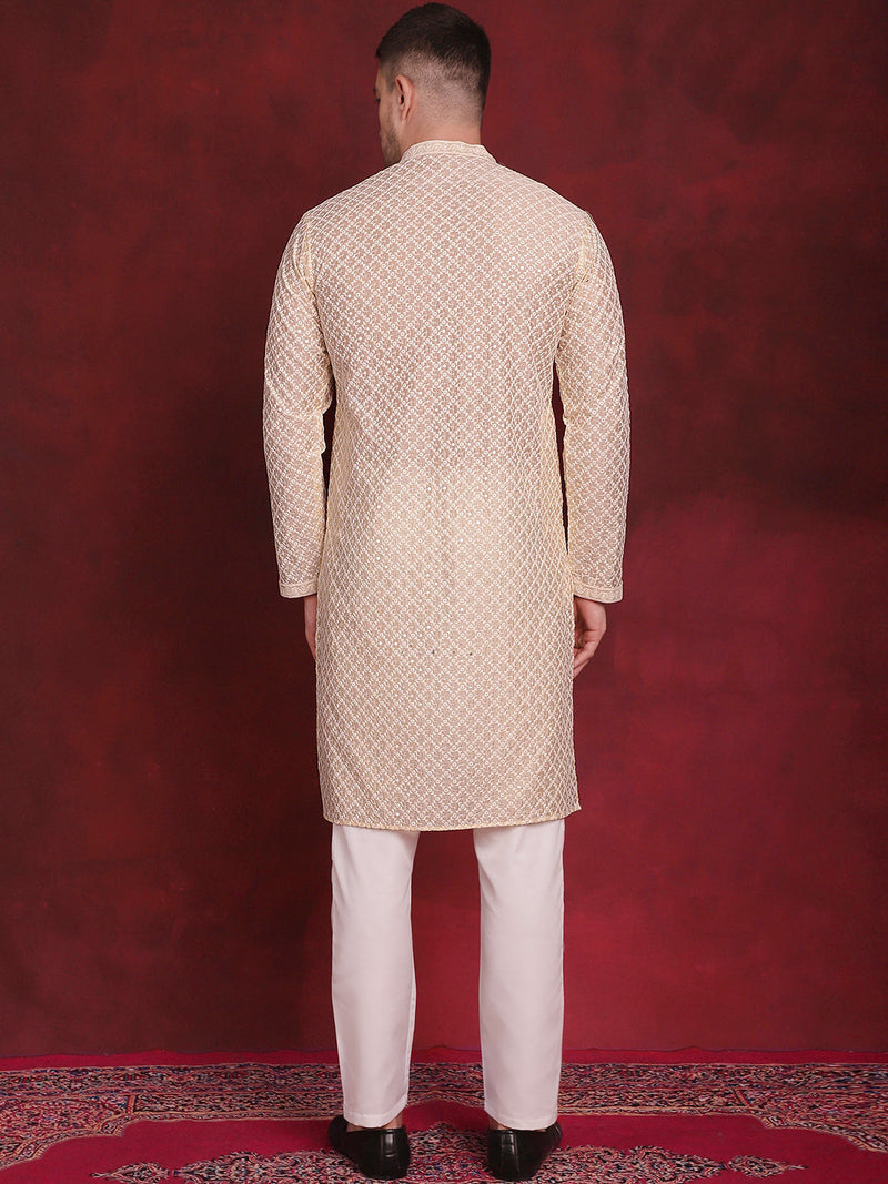 Men's Sequin Chikankari Front Open Kurta With Pyjamas ( JOKP P 5029Golden )