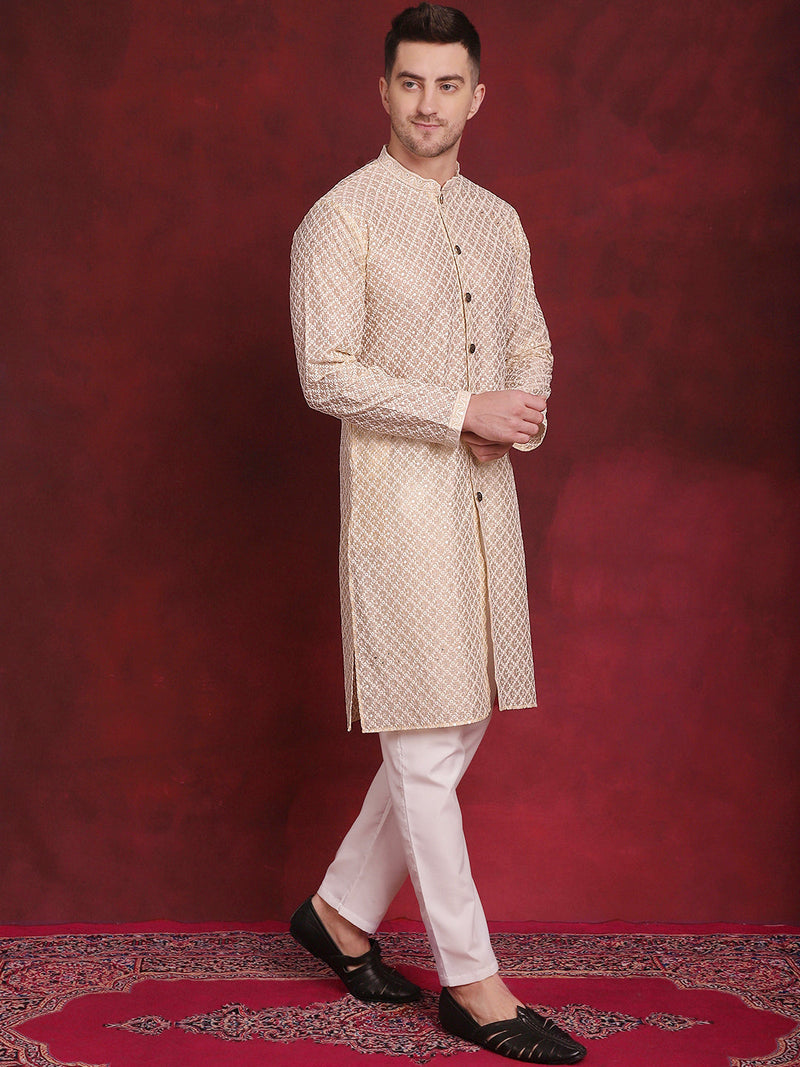 Men's Sequin Chikankari Front Open Kurta With Pyjamas ( JOKP P 5029Golden )