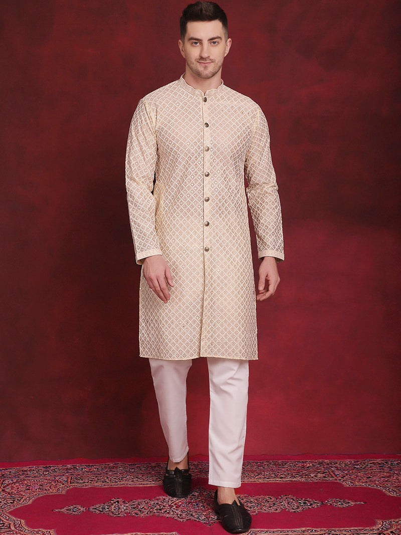 Men's Sequin Chikankari Front Open Kurta With Pyjamas ( JOKP P 5029Golden )