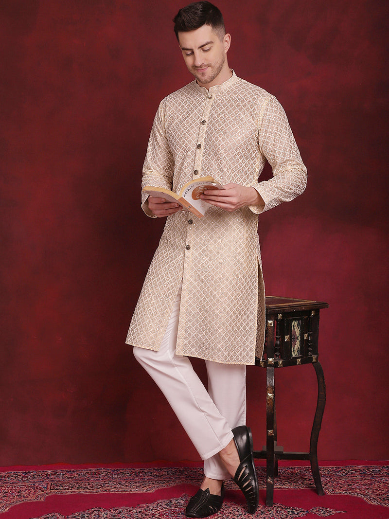 Men's Sequin Chikankari Front Open Kurta With Pyjamas ( JOKP P 5029Golden )