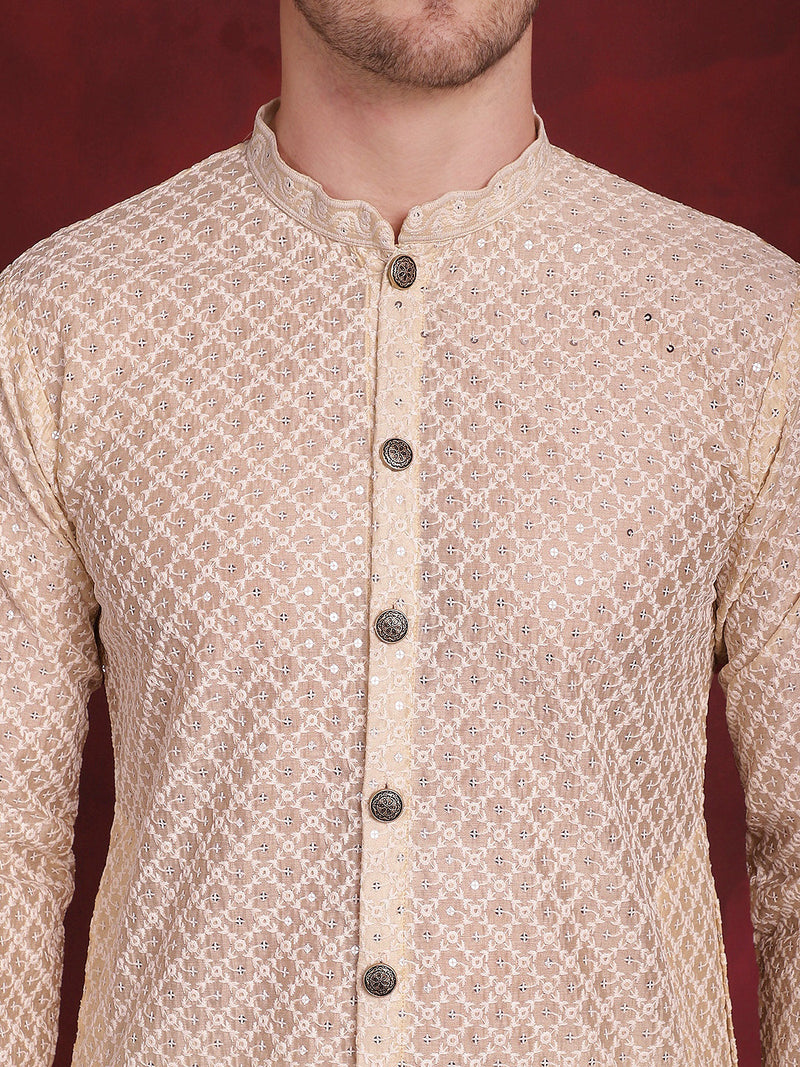 Men's Sequin Chikankari Front Open Kurta With Pyjamas ( JOKP P 5029Golden )